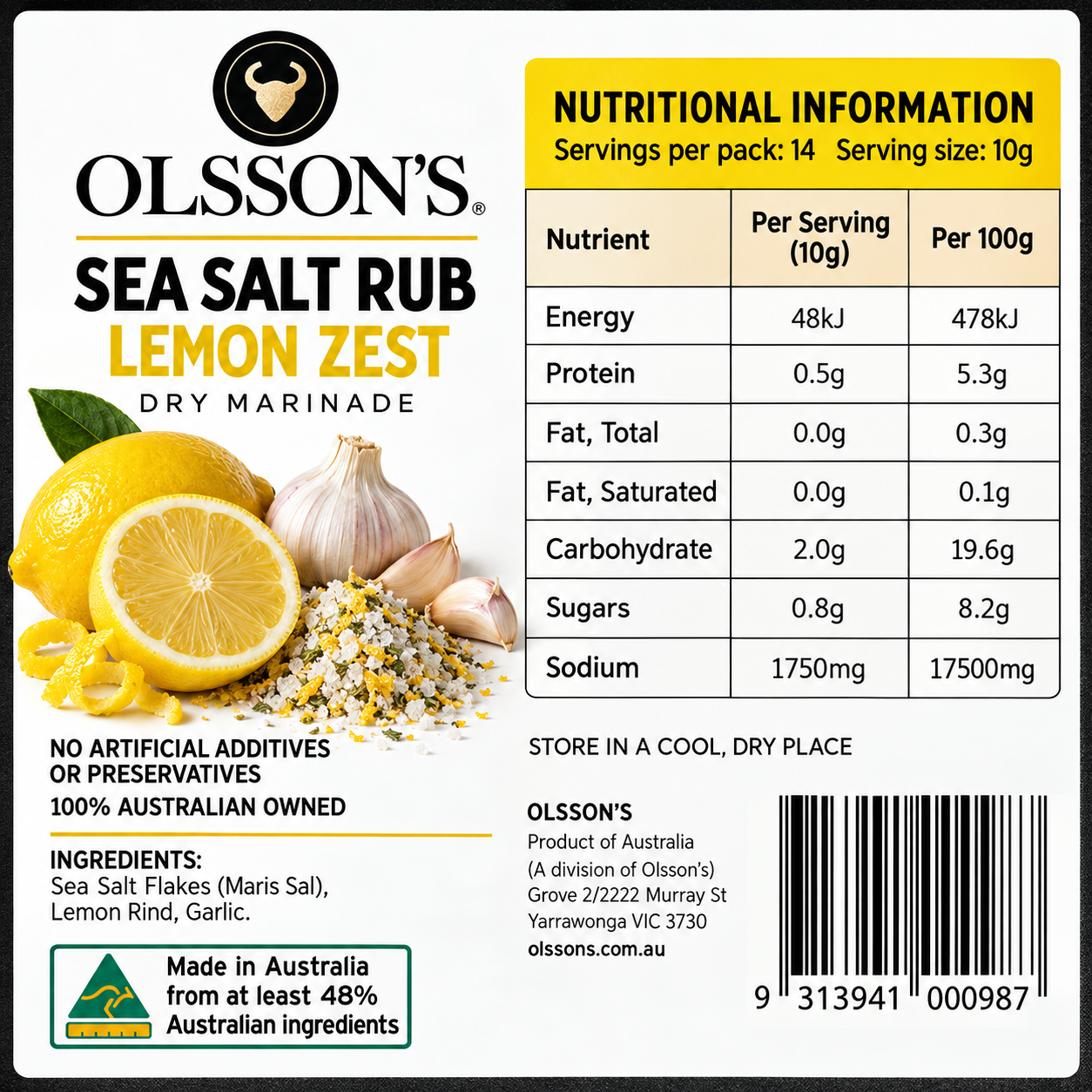 Olsson's Lemon Zest Sea Salt Rub Kraft Canister 140g - Image 2