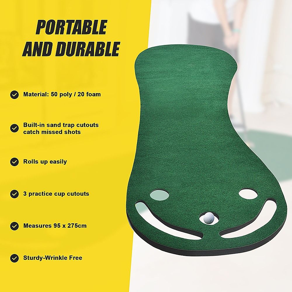 Golf Putting Green Mat 95 x 275cm with Practice Cups & Sand Traps - Image 4