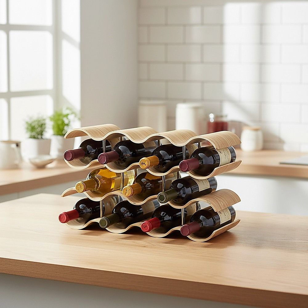 Bamboo Wave Wine Rack 14 Bottle 4 Tier Wooden Wine Storage