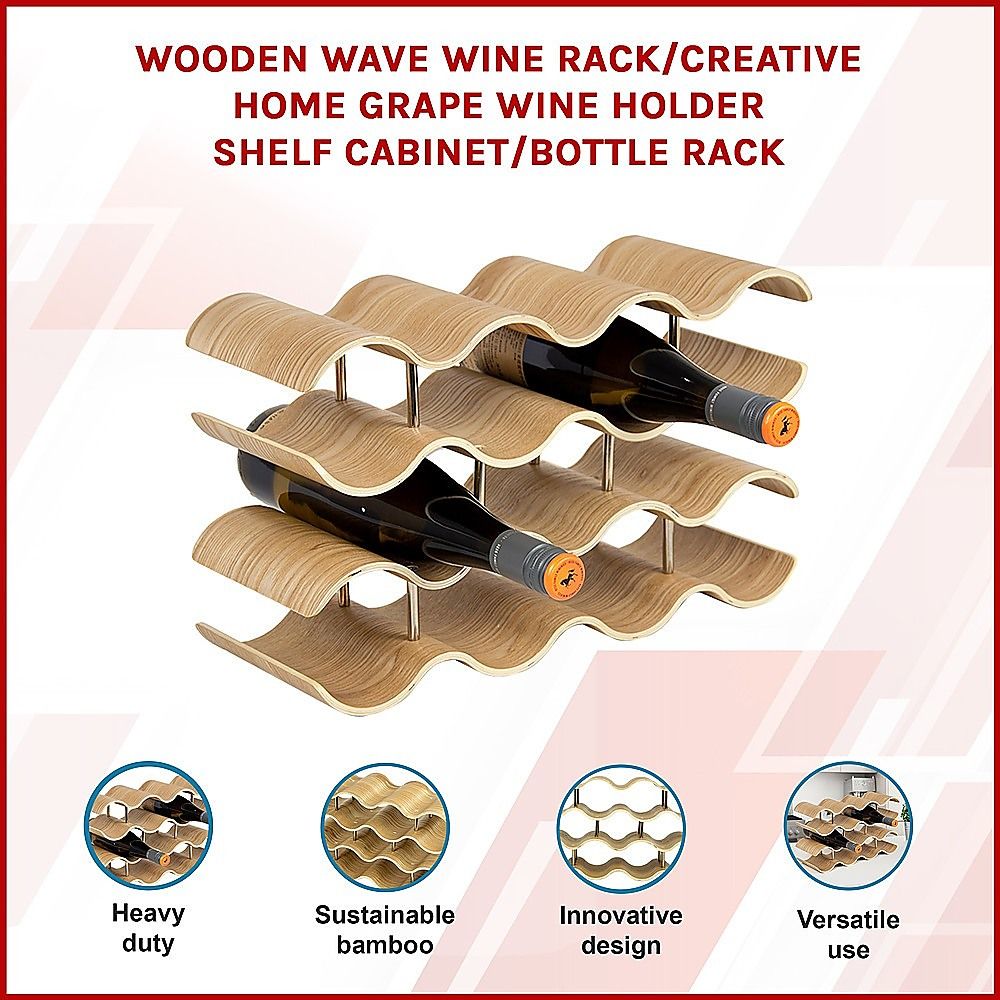 Bamboo Wave Wine Rack 14 Bottle 4 Tier Wooden Wine Storage - Image 3
