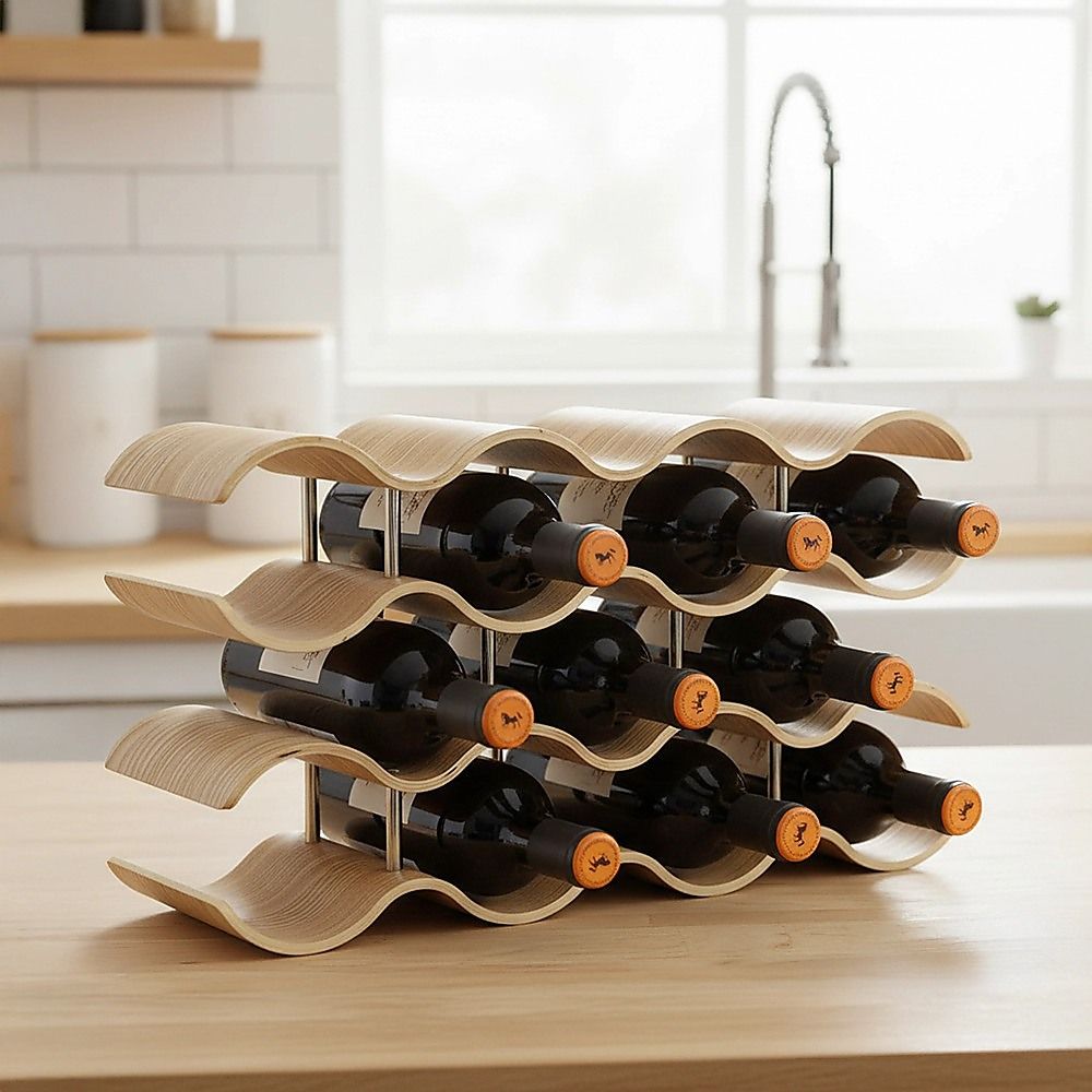 Bamboo Wave Wine Rack 14 Bottle 4 Tier Wooden Wine Storage - Image 6