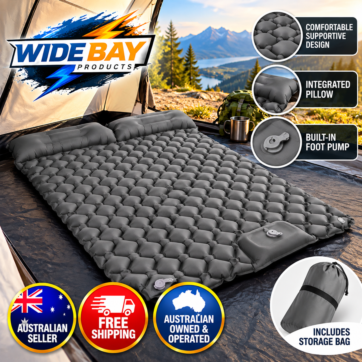 DreamZ Double Camping Mattress with Built In Pump, 40D Nylon TPU, Grey