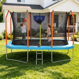 12FT Kids Trampoline Rectangle Rebounder with Basketball Set Blue