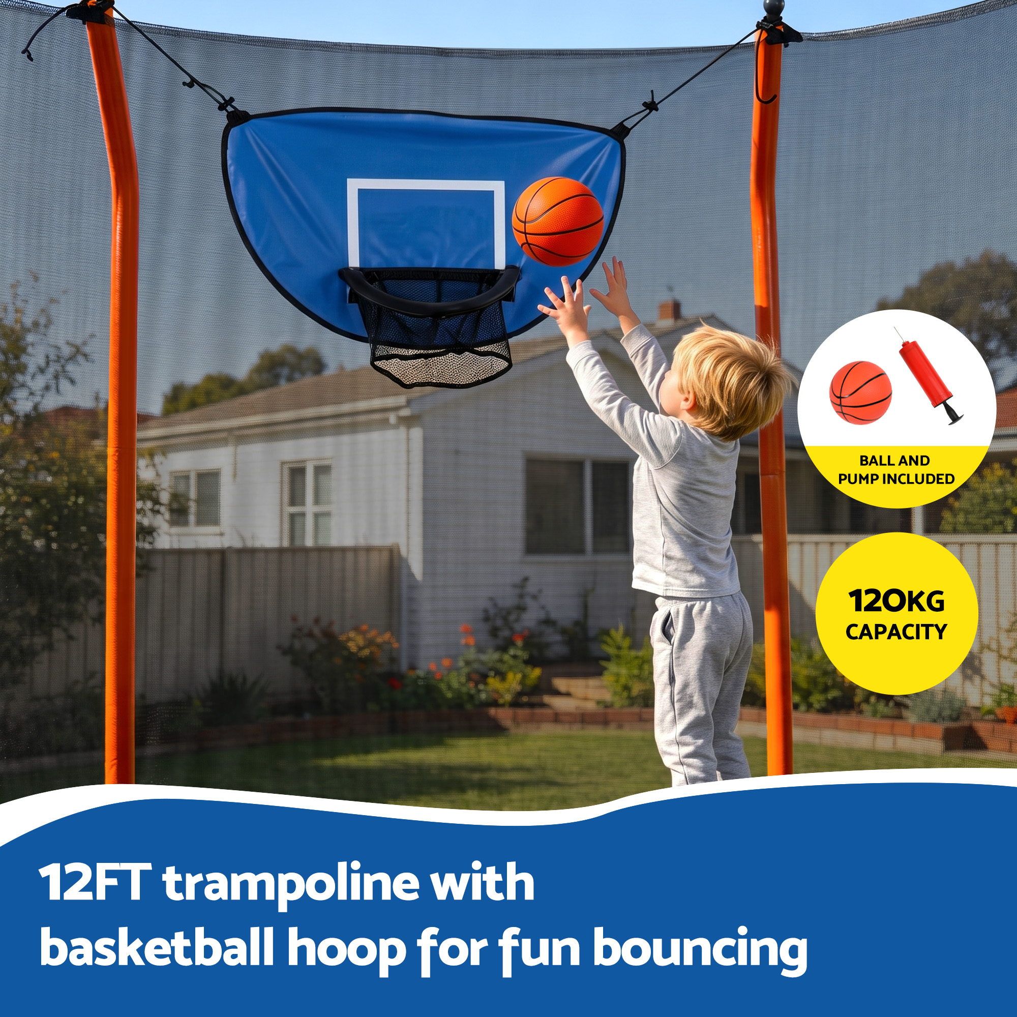 12FT Kids Trampoline Rectangle Rebounder with Basketball Set Blue - Image 4
