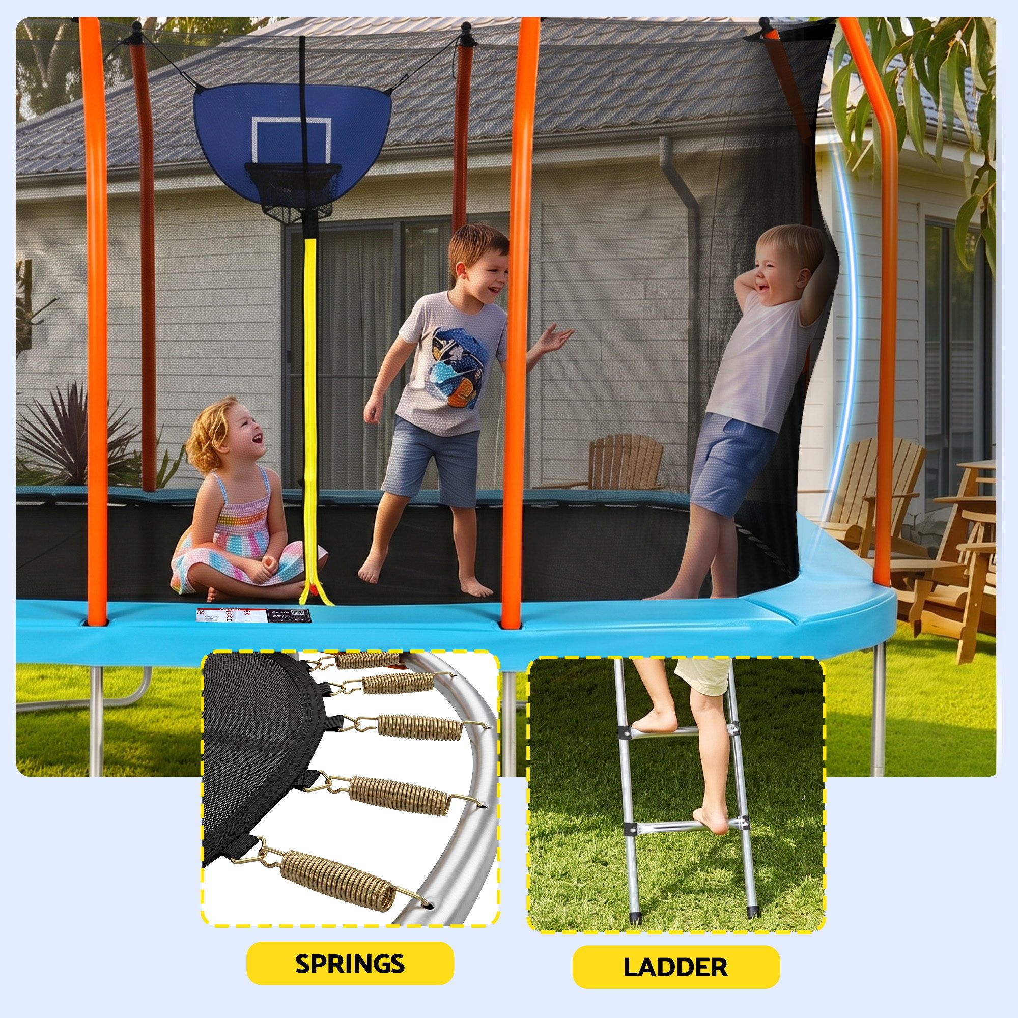12FT Kids Trampoline Rectangle Rebounder with Basketball Set Blue - Image 5