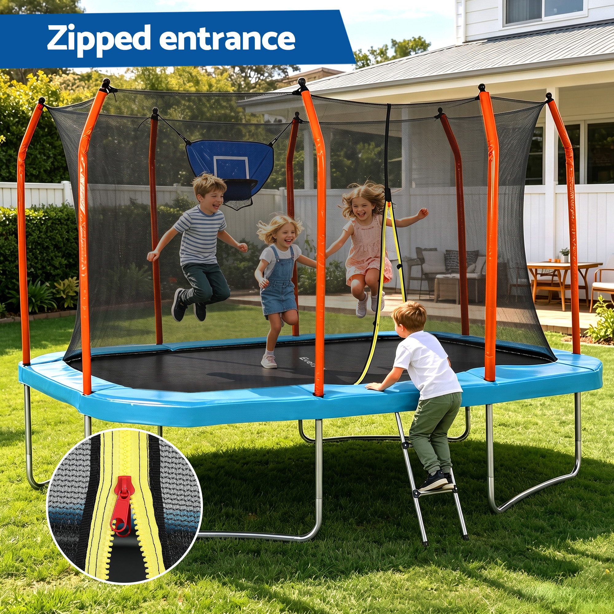 12FT Kids Trampoline Rectangle Rebounder with Basketball Set Blue - Image 6