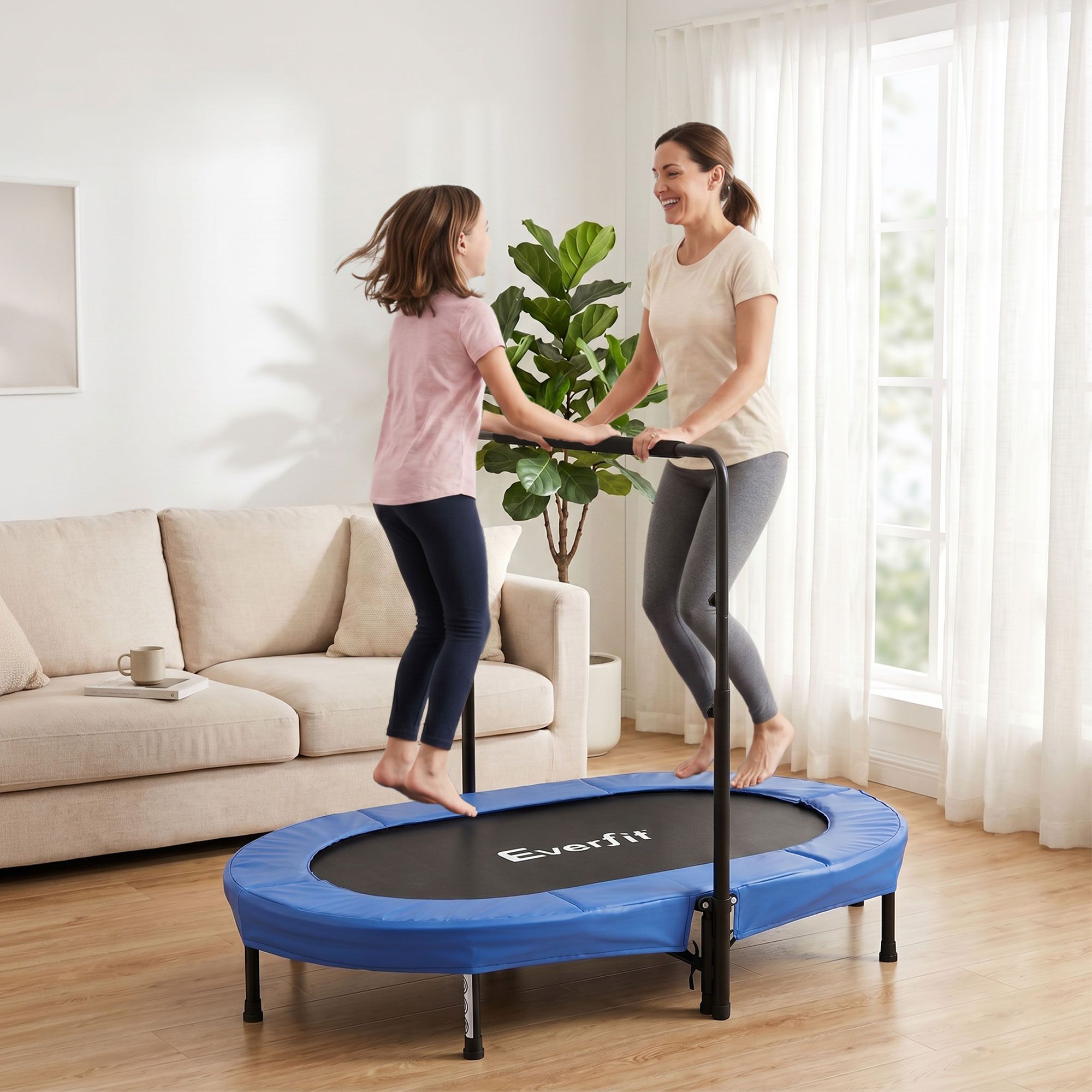 56-Inch Foldable Fitness Trampoline Indoor Rebounder Adjustable Handrail