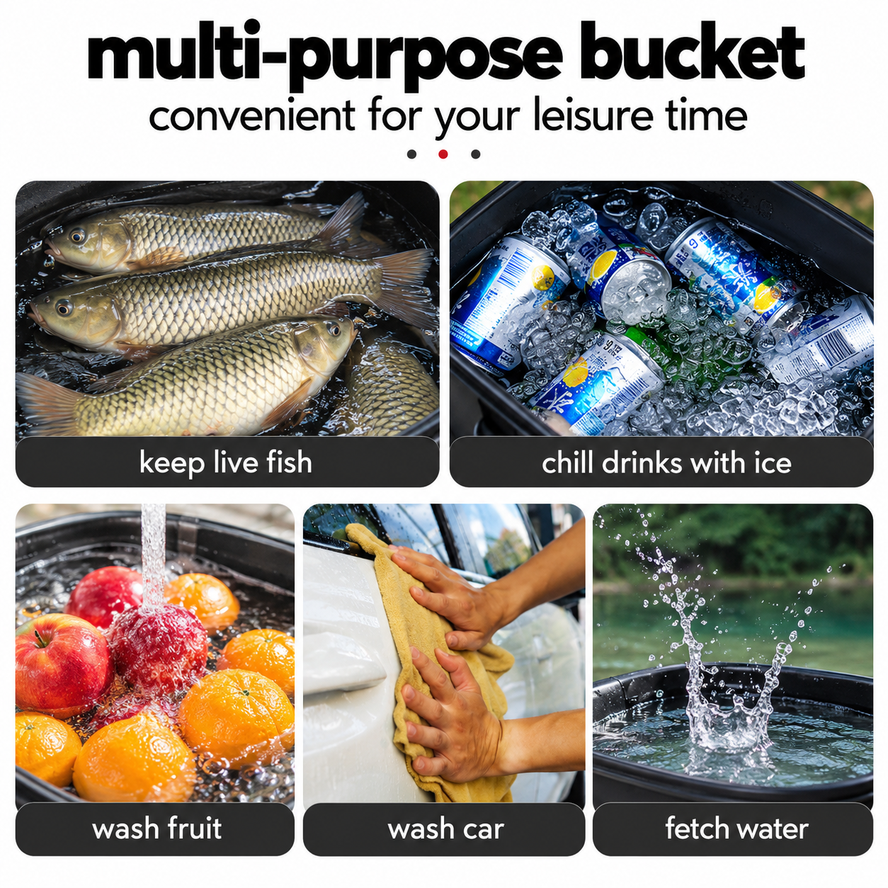 Foldable EVA Live Fish Bucket with Zippered Lid and Side Pocket - Image 3
