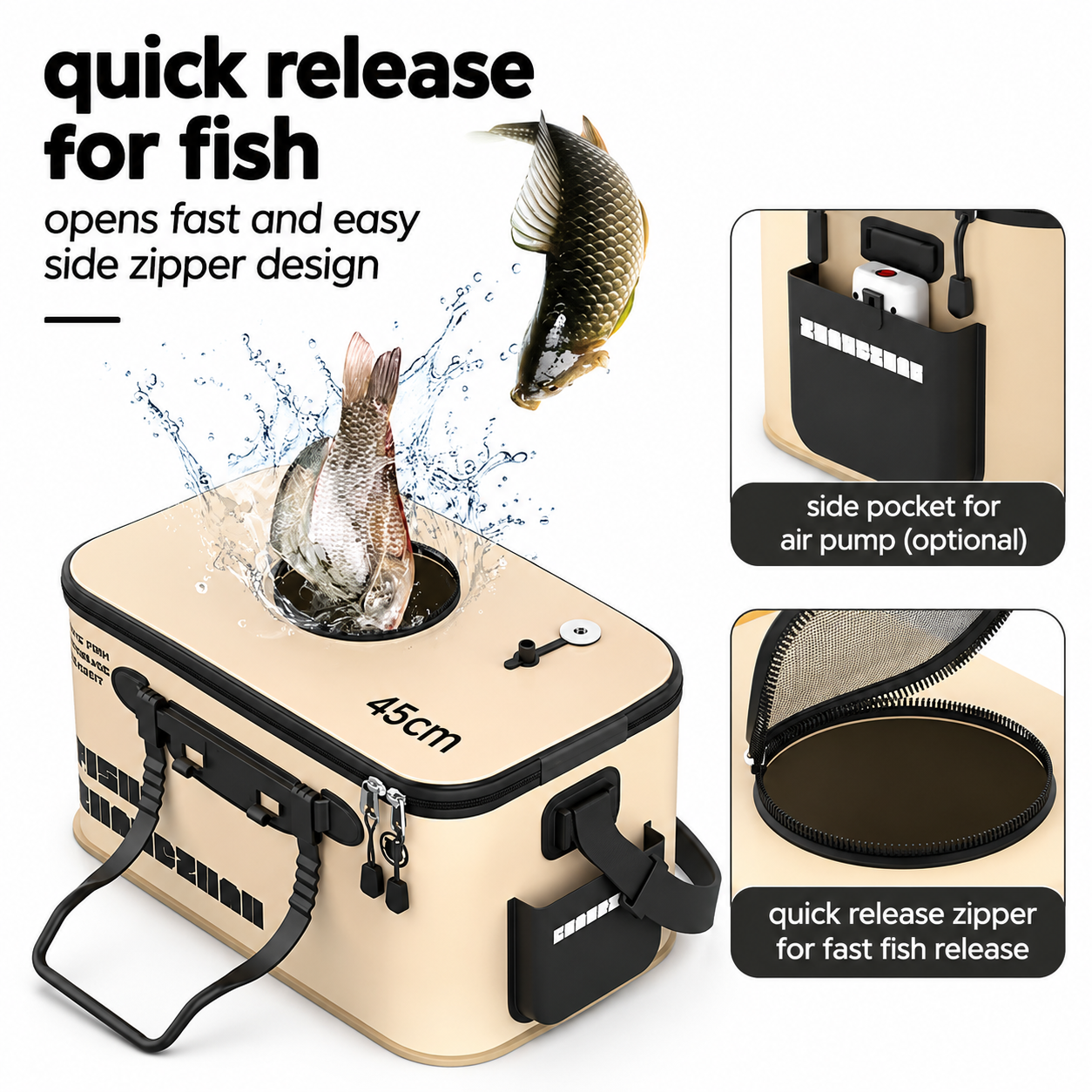Foldable EVA Live Fish Bucket with Zippered Lid and Side Pocket - Image 8