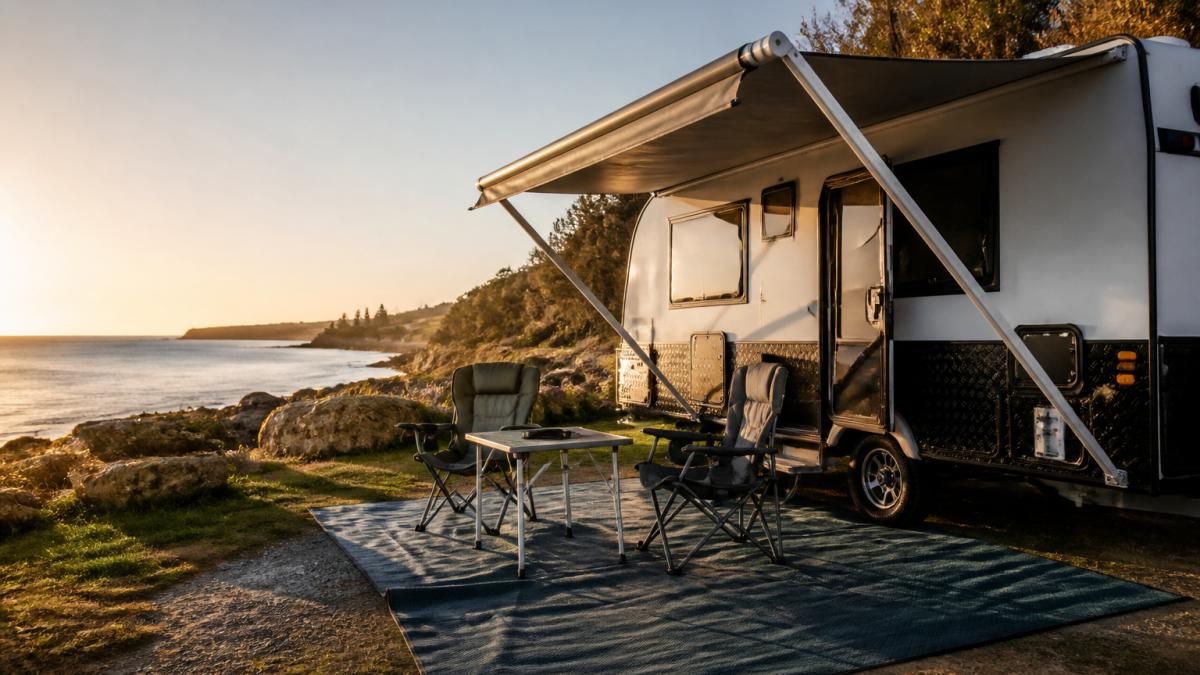 A caravan parked at a scenic coastal campsite at golden hour, with an awning set up, outdoor chairs, and a ground mat visible in front of the van