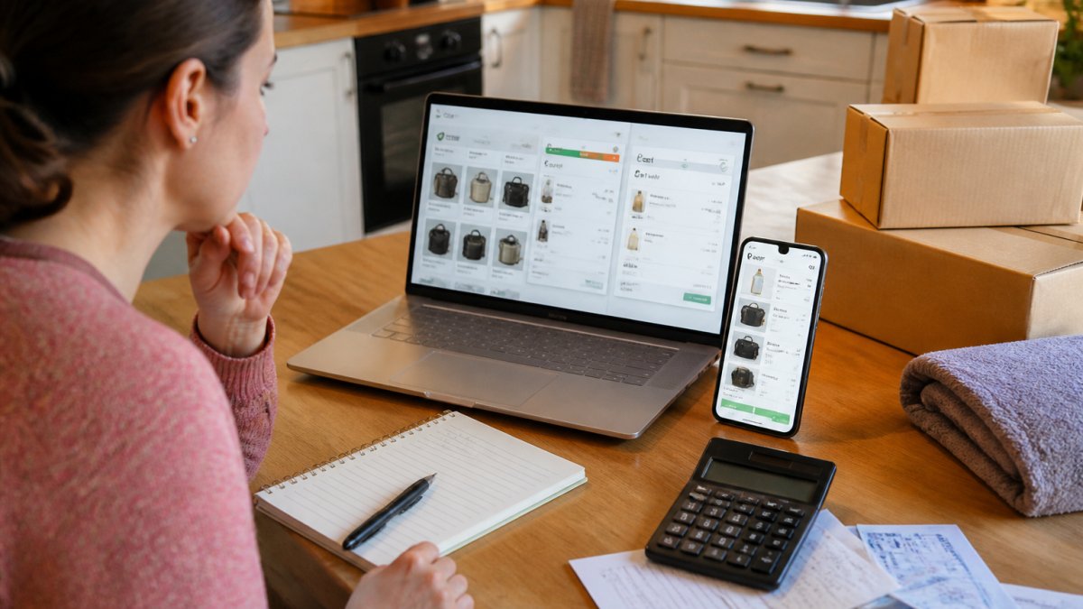 A person at a kitchen table comparing two online shopping carts on a laptop and phone, calculator and notepad beside them, parcels stacked nearby, warm afternoon light