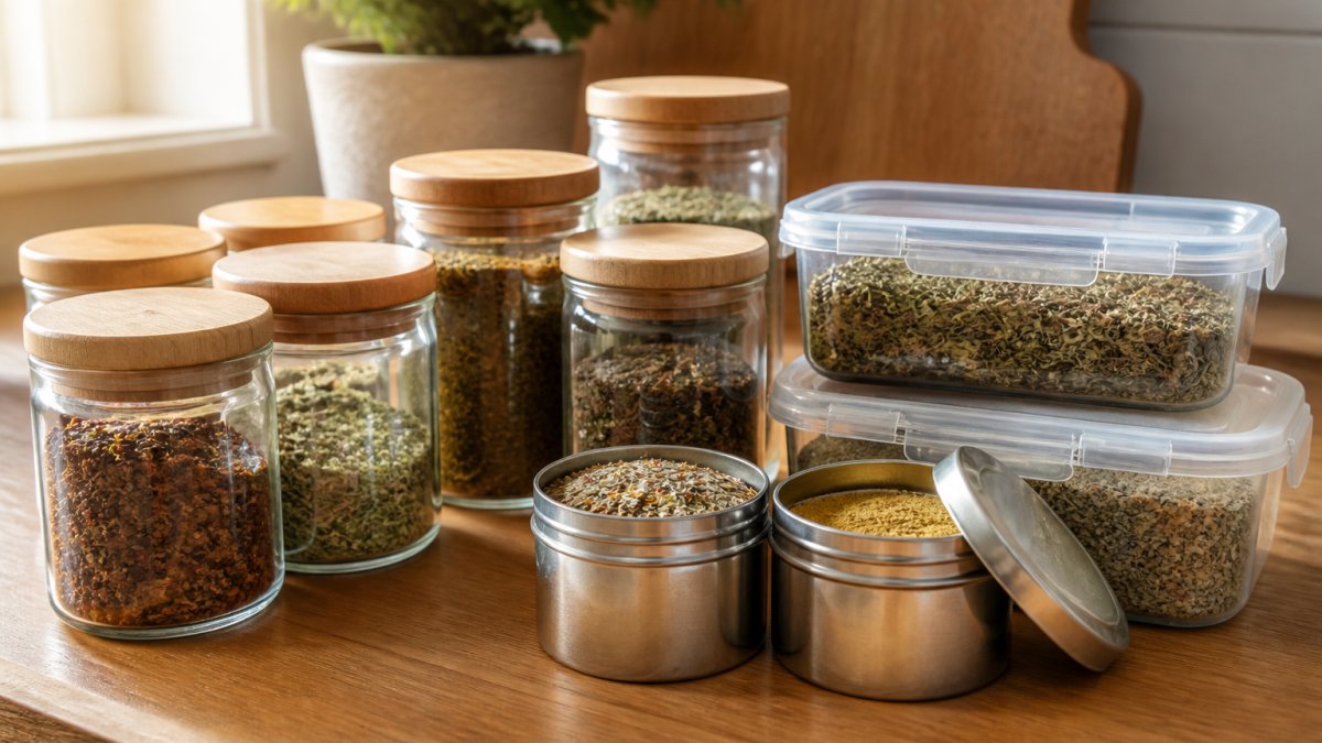 Close-up of glass jars, metal tins, and resealable containers filled with dried herbs and spice blends arranged on a wooden kitchen bench with natural morning light